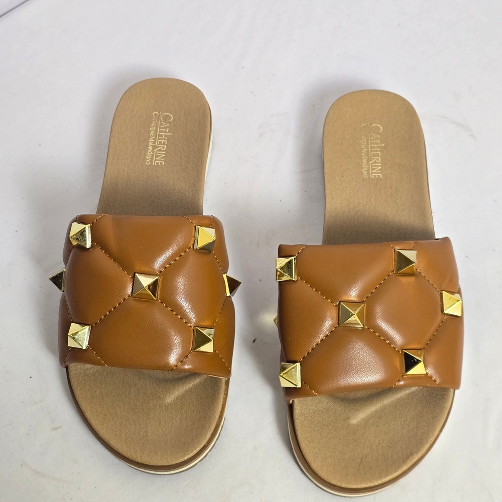 Catherine Catherine Malandrino Brown Quilted Studded Slide Sandals‎ Womens 9